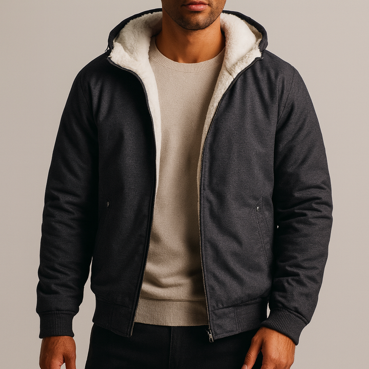 Unisex hooded jacket in dark blue, featuring a durable zipper and warm fleece lining for winter.