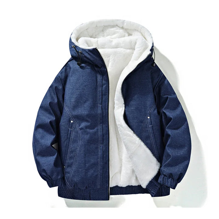 Model wearing a unisex fleece-lined hooded jacket, showcasing its comfortable fit and casual style.