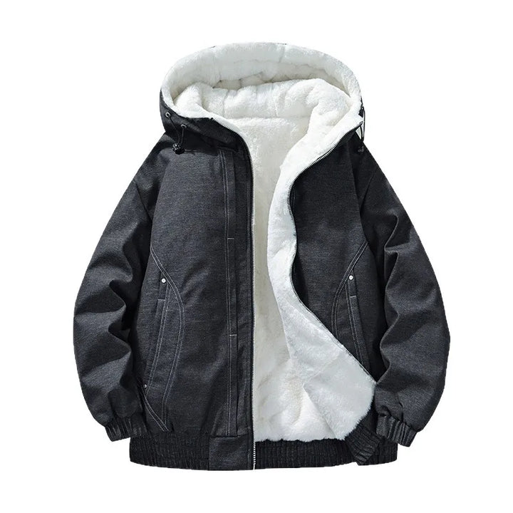 Back view of a plain black unisex hooded jacket, highlighting its warm winter coat design.