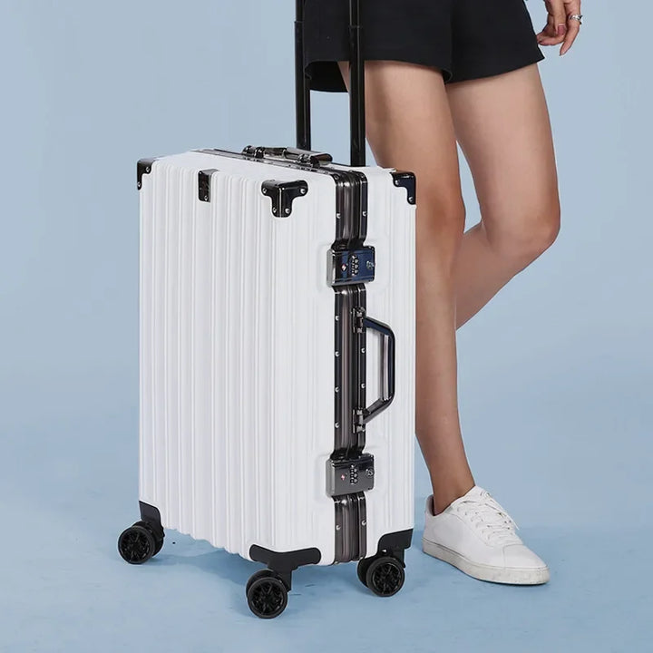 Stylish black hardshell rolling suitcase, unisex, with aluminum frame, ready for your next travel adventure.