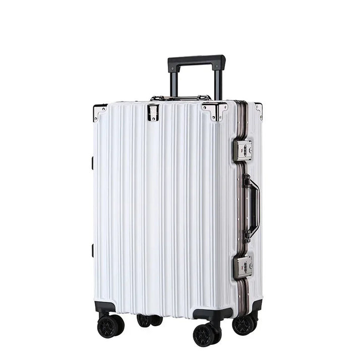Unisex black hardshell luggage with extended telescopic handle & strong aluminum frame for easy maneuverability.
