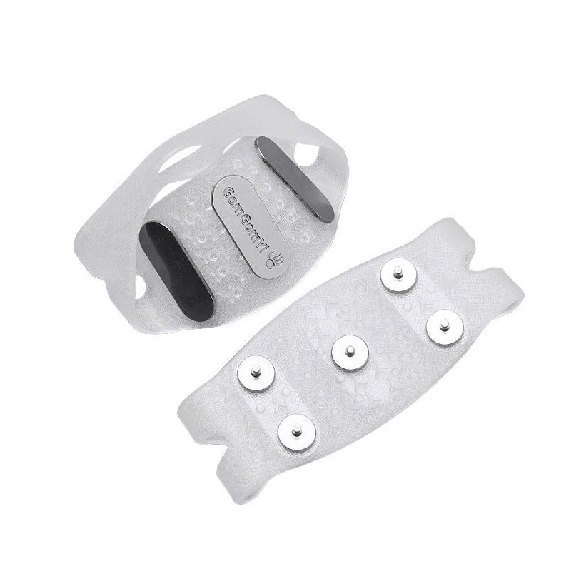 Ice grippers with a measuring tape, demonstrating universal fit for winter traction