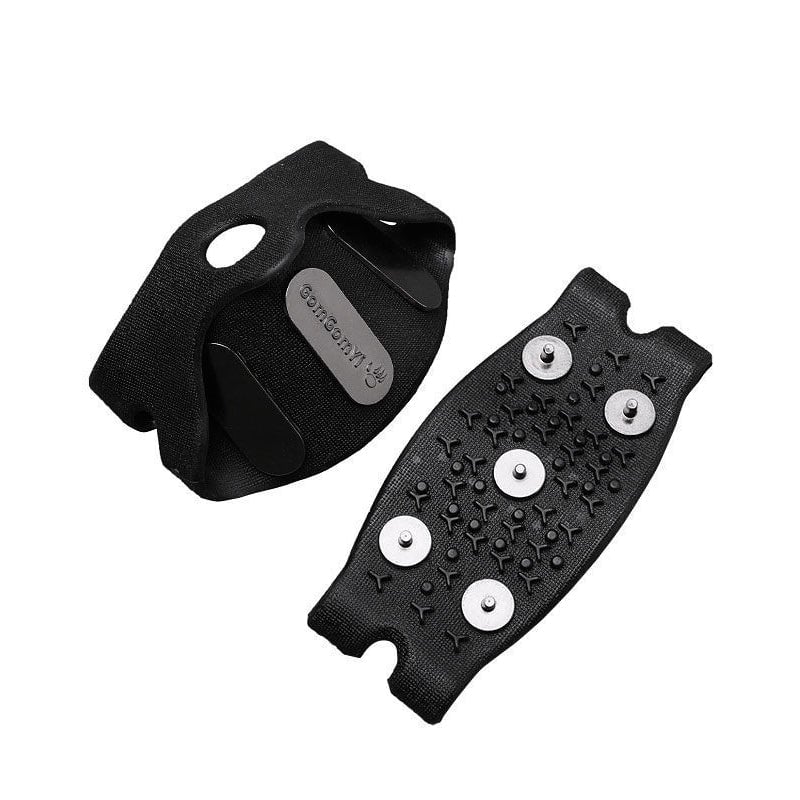 Ice grippers in a natural outdoor setting, ready for snow and icy trail navigation