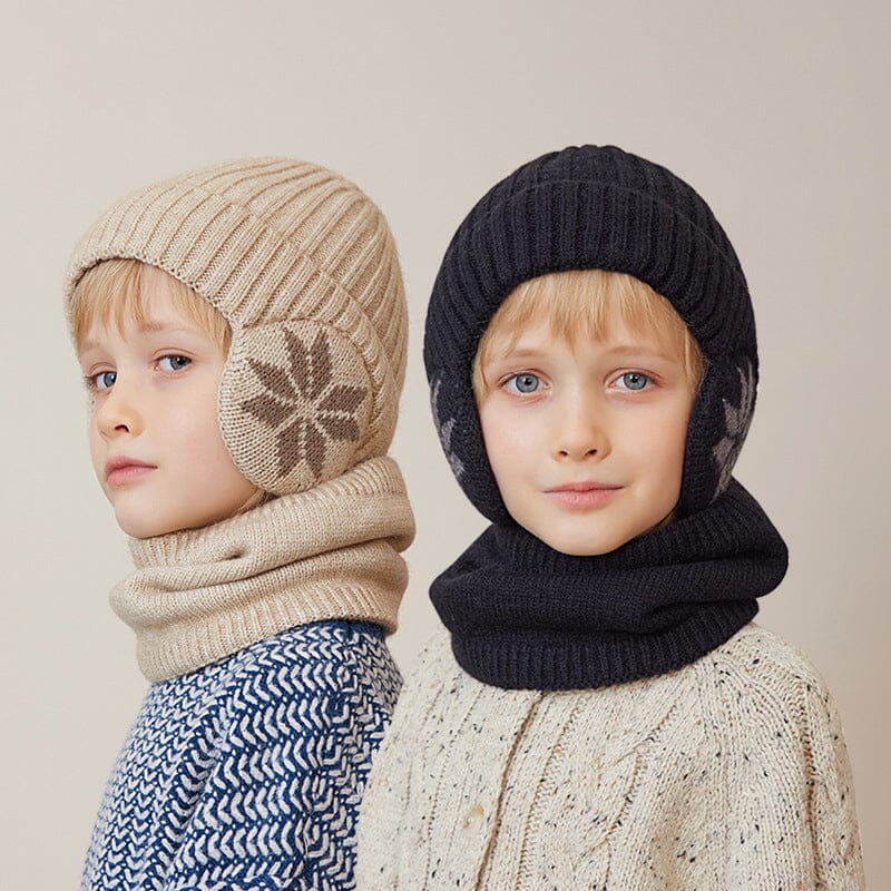 Pink winter knit beanie hat and matching scarf set for cold weather, fleece interior