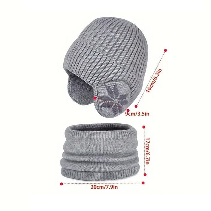 Youth wearing a fashionable indigo knit beanie and scarf set, fleece-lined for warmth