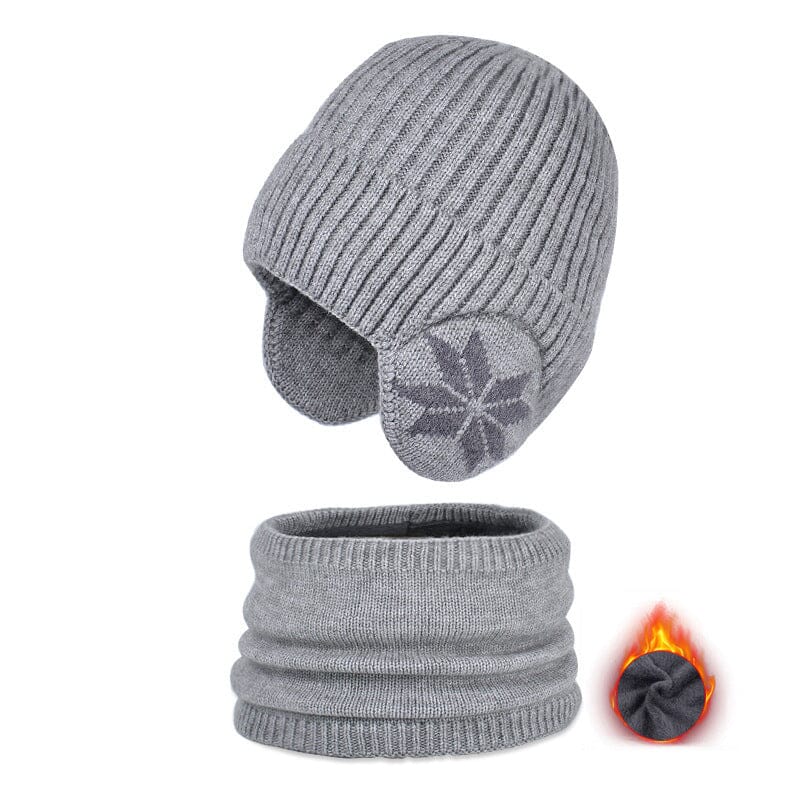 Detailed view of the knit pattern on a purple winter beanie and scarf set, fleece lined