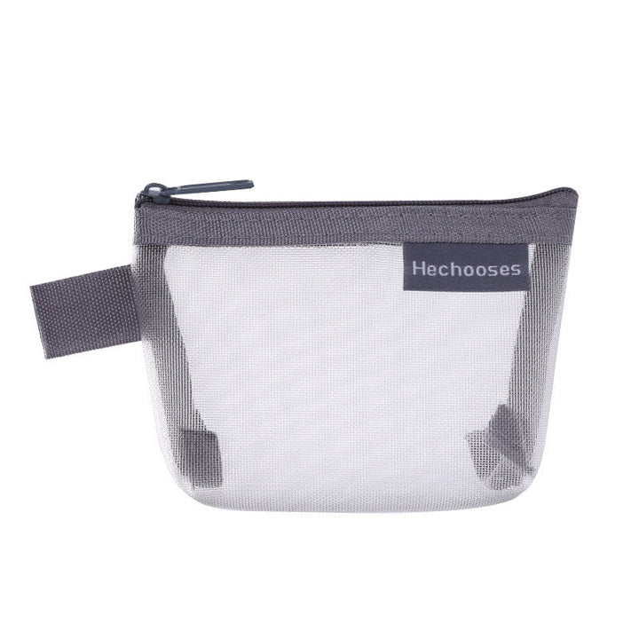 Stylish grey mesh pouch with a smooth zipper, a must-have for efficient storage.