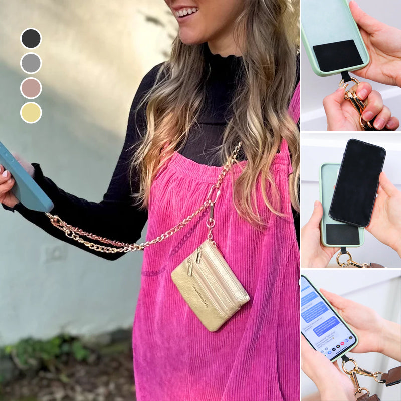Unisex black phone lanyard with clear pouch, worn crossbody, showcasing hands-free mobile convenience.