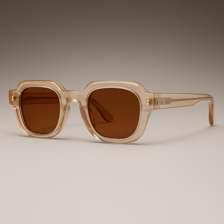 Close-up of unisex angular retro sunglasses, showcasing the bold frame and dark UV400 protective lenses.