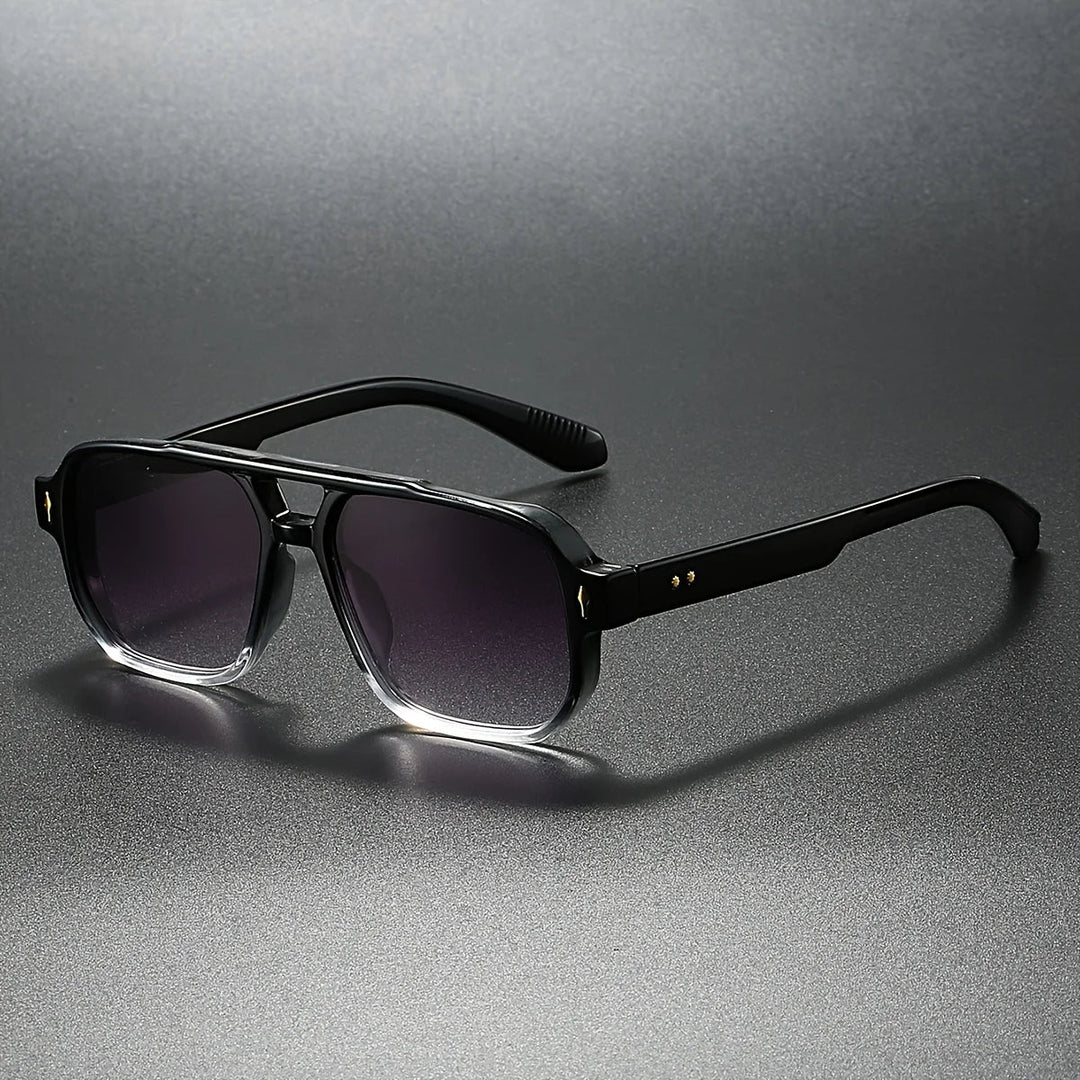 Close-up of lightweight black rectangular UV400 sunglasses, scratch resistant lenses