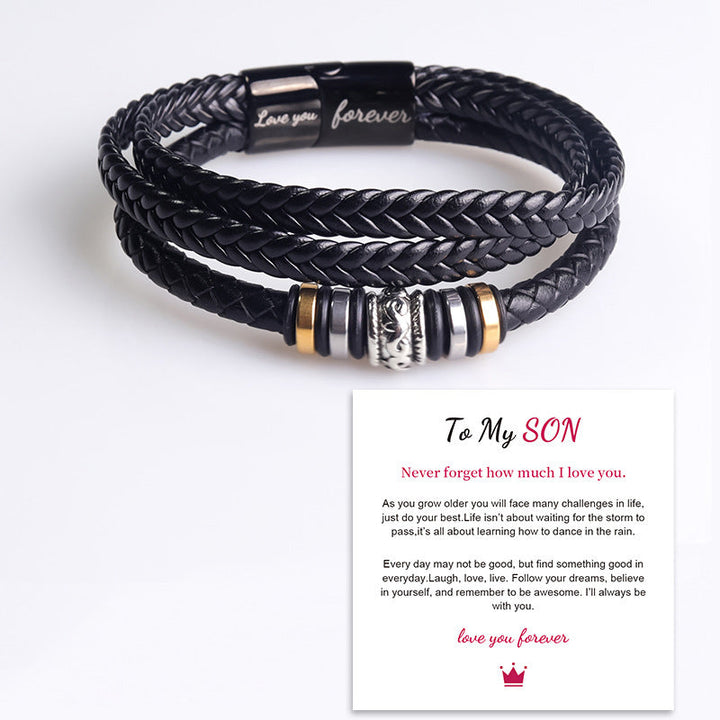 Gift for him: elegant braided leather double row bracelet, combining rugged leather with polished stainless steel.
