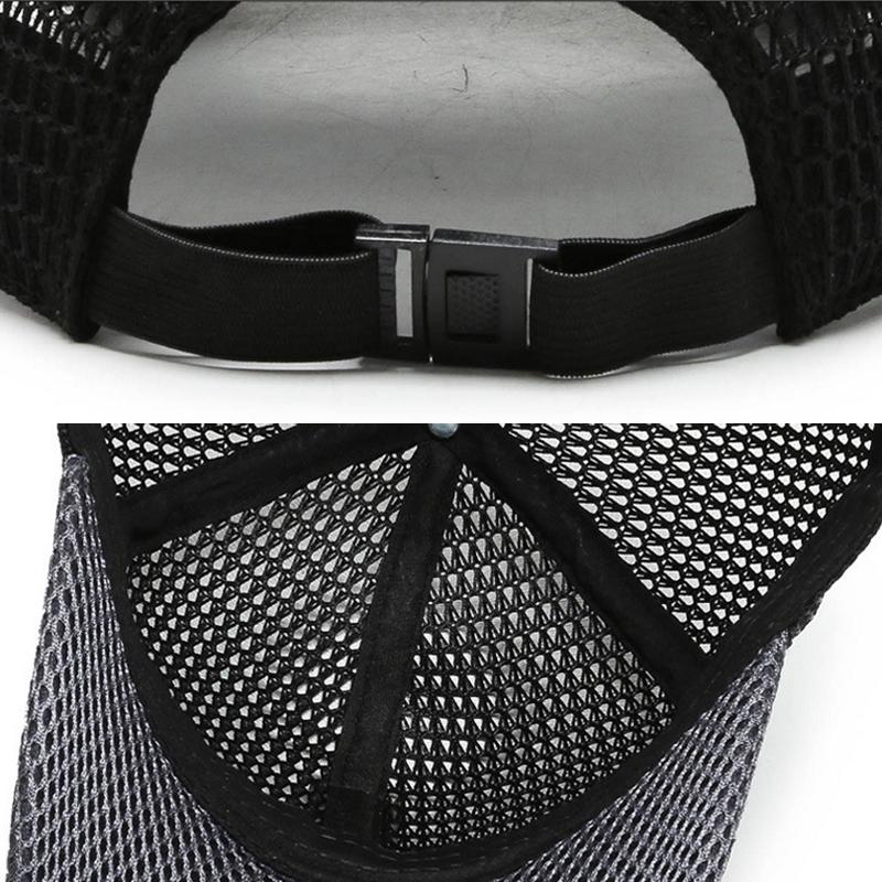Close up of a unisex mesh baseball cap fabric, highlighting its breathable and quick-dry features
