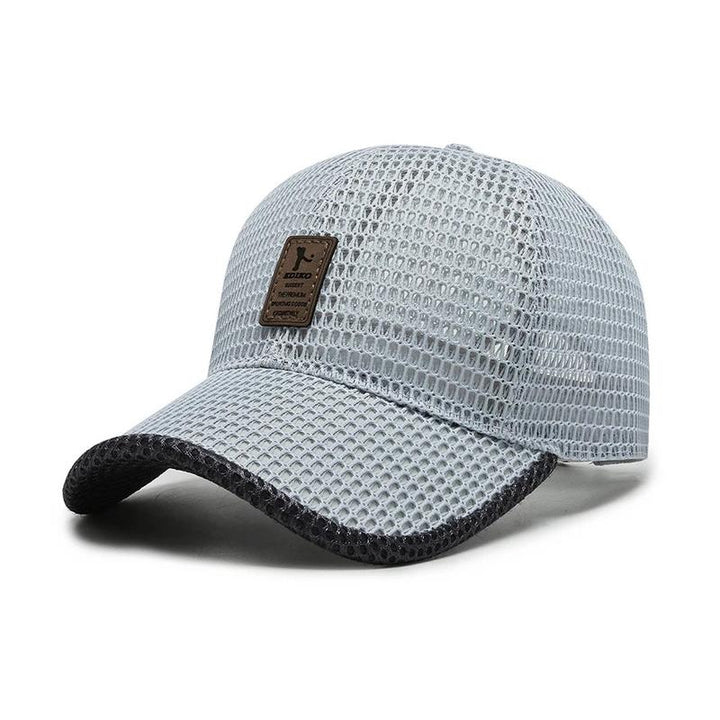 Top-down view of a breathable mesh baseball cap, showcasing its light and airy design for sports