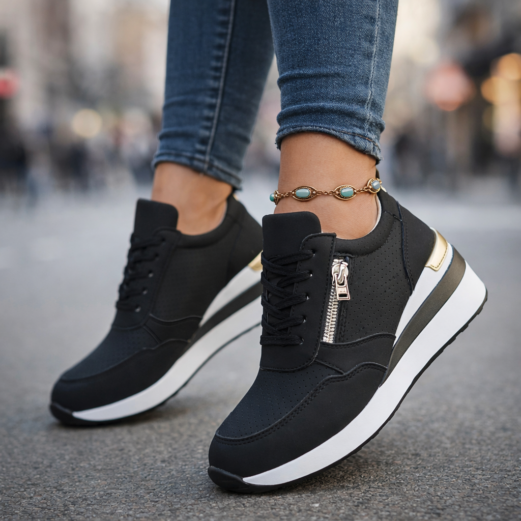 Close-up of the zip closure on a comfortable, breathable unisex sneaker, highlighting ease of wear