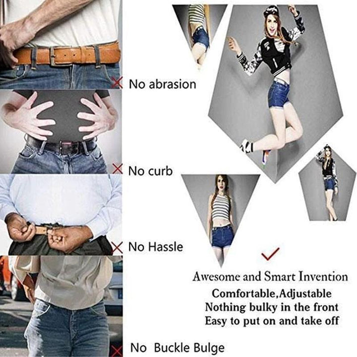 Lay flat shot of the black elastic buckle-free waist belt, a sleek fashion accessory