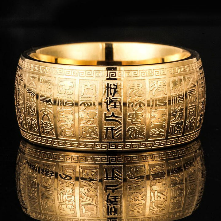 Unisex titanium steel ring in silver, showcasing a detailed Golden Light Mantra carving for good luck