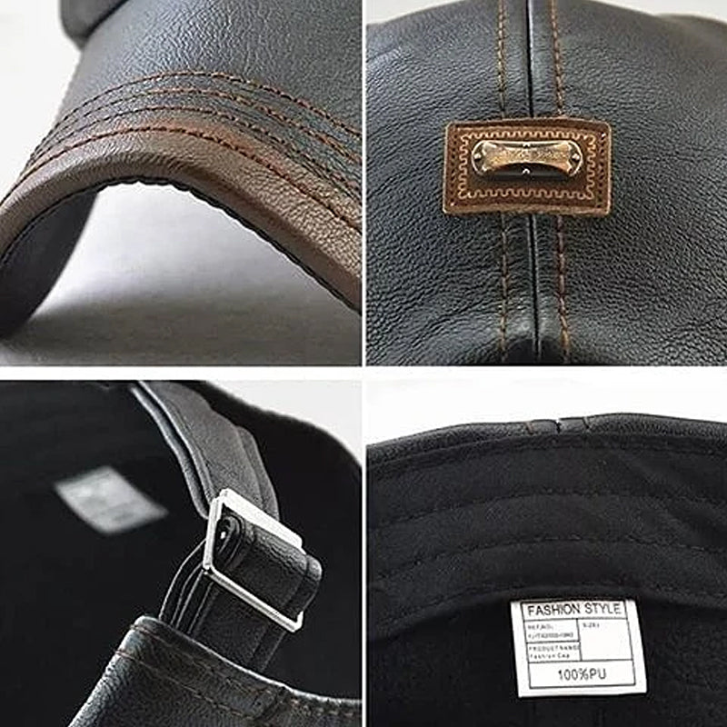 Side view of the adjustable faux leather beret, a versatile unisex accessory for winter fashion.