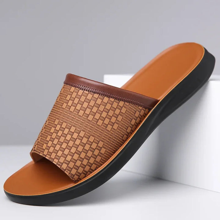 Pair of lightweight unisex comfort slide sandals, shown from above, ideal for beach or pool