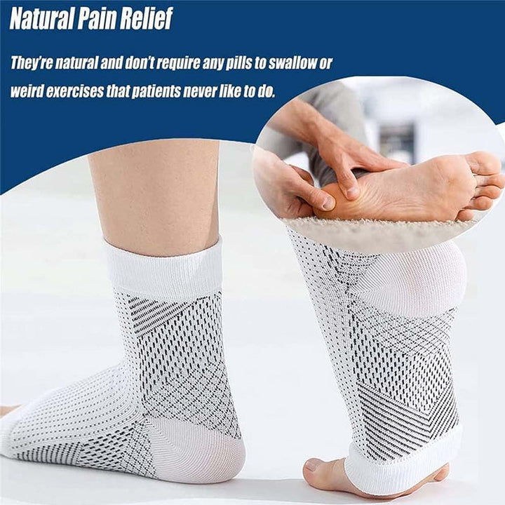 Person wearing Unisex Compression Foot Relief Socks, illustrating proper fit and ankle compression