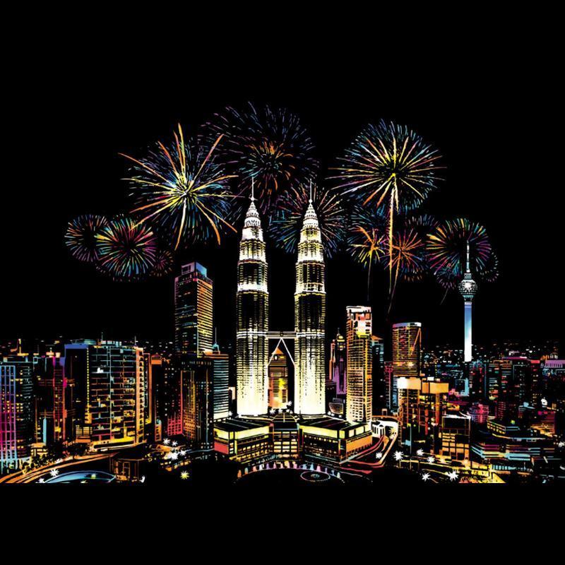 Unisex Scratch Art Kit for all ages, featuring a captivating night cityscape design