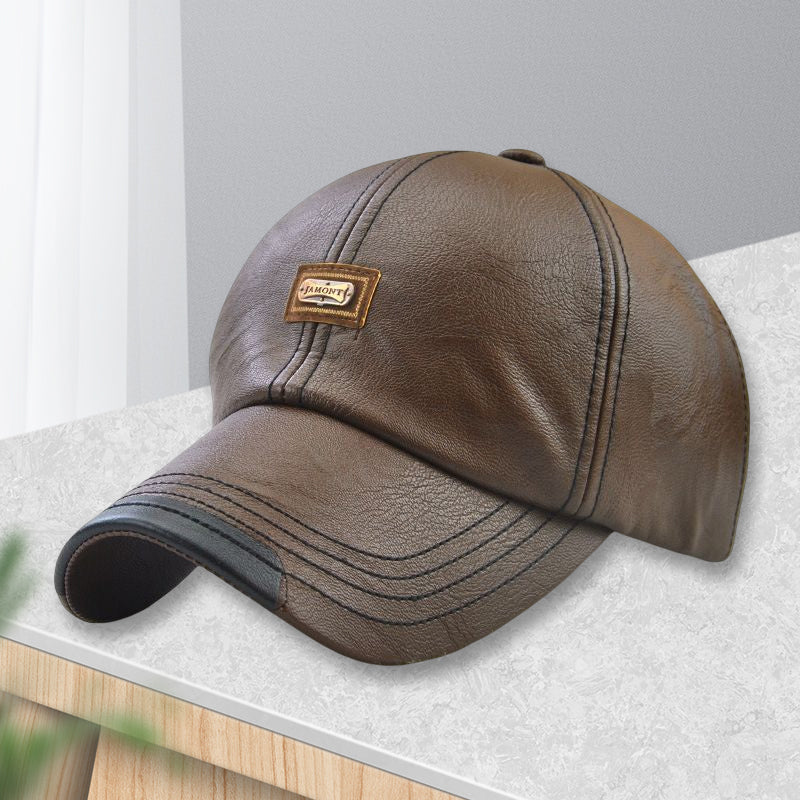 Three PU leather baseball caps in dark brown, light brown, and black, display variety