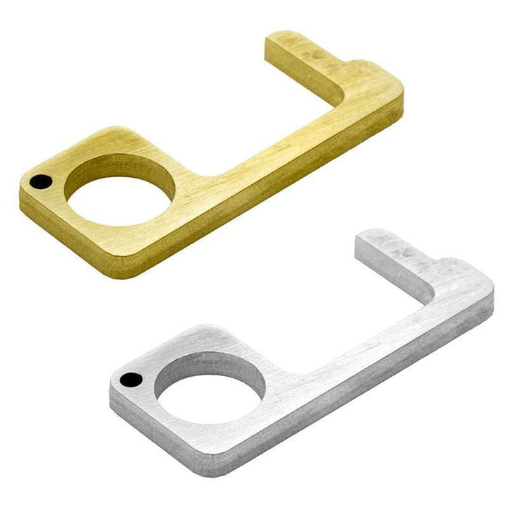 Close-up of a silver EDC touch-free door opener tool, showing integrated stylus tip for screens, hygiene focus.
