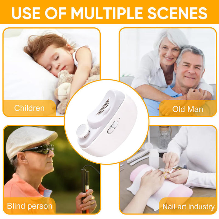 Ergonomic electric nail clipper for comfortable and secure nail care, suitable for adults and children.