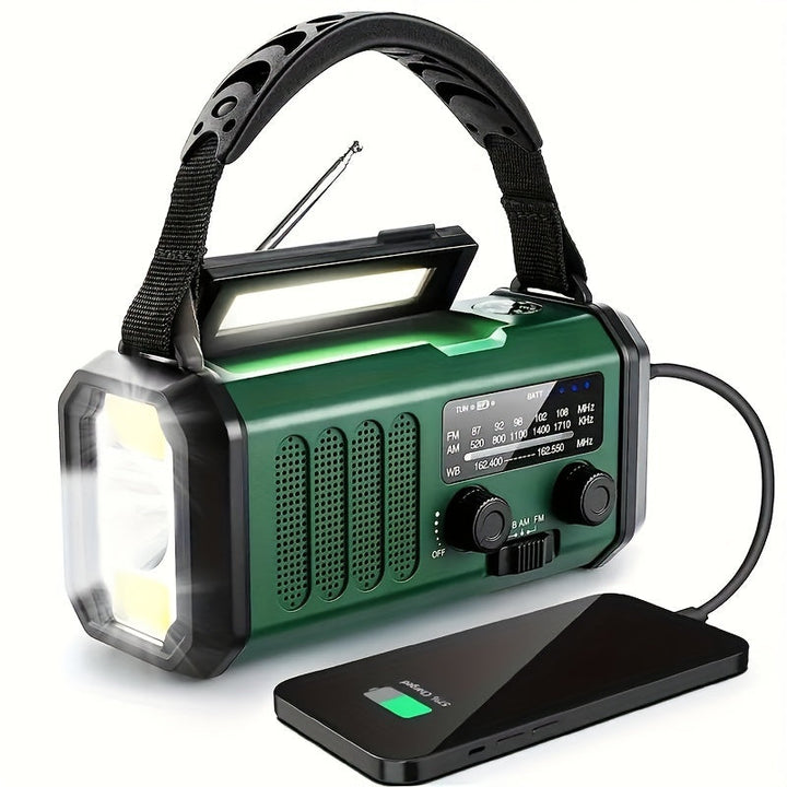 Unisex emergency radio, 10,000 mAh power bank, solar & hand crank. NOAA weather, AM/FM radio & flashlight for survival.