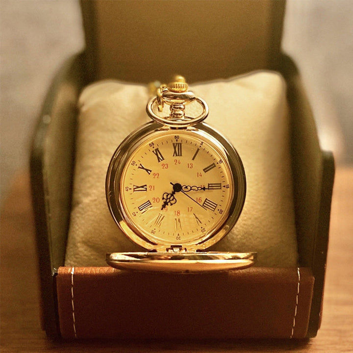 Classic silver engraved quartz pocket watch, a timeless keepsake for son or grandpa