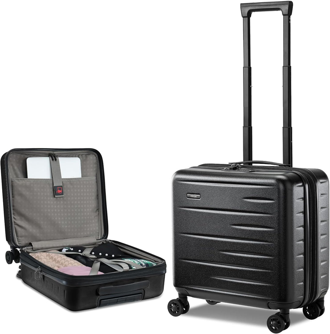 Secure hard shell carry-on with expandable design, front pocket for essentials, & TSA-approved lock.