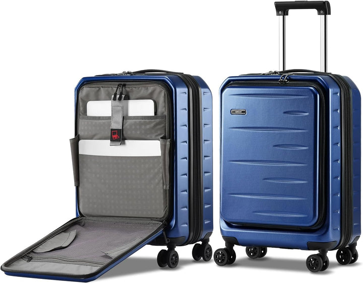 Stylish expandable hard shell carry-on suitcase, perfect for travel, with front pocket & TSA security lock.