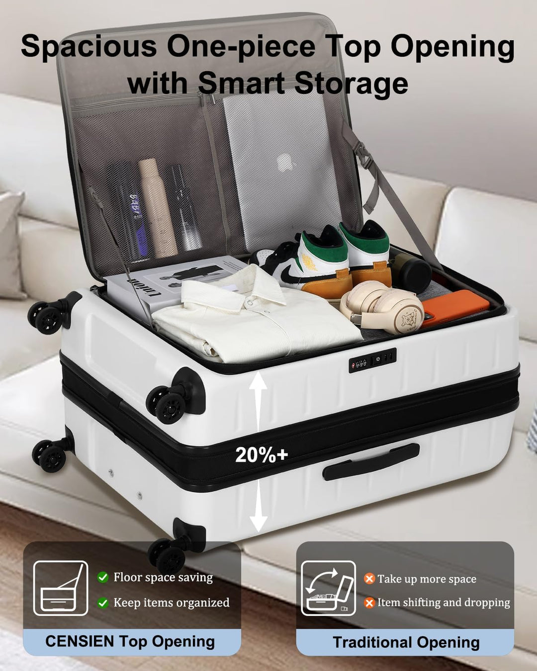 Compact hard shell carry-on, expandable, with quick-access front pocket & TSA lock for safe journeys.