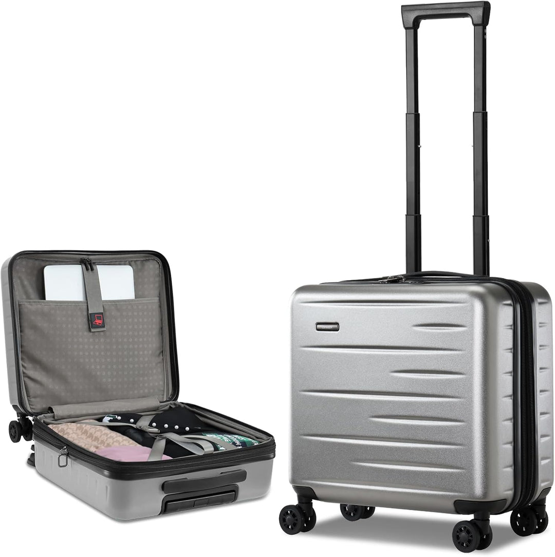 Sleek unisex expandable carry-on with durable hard shell, front pocket, and integrated TSA lock.