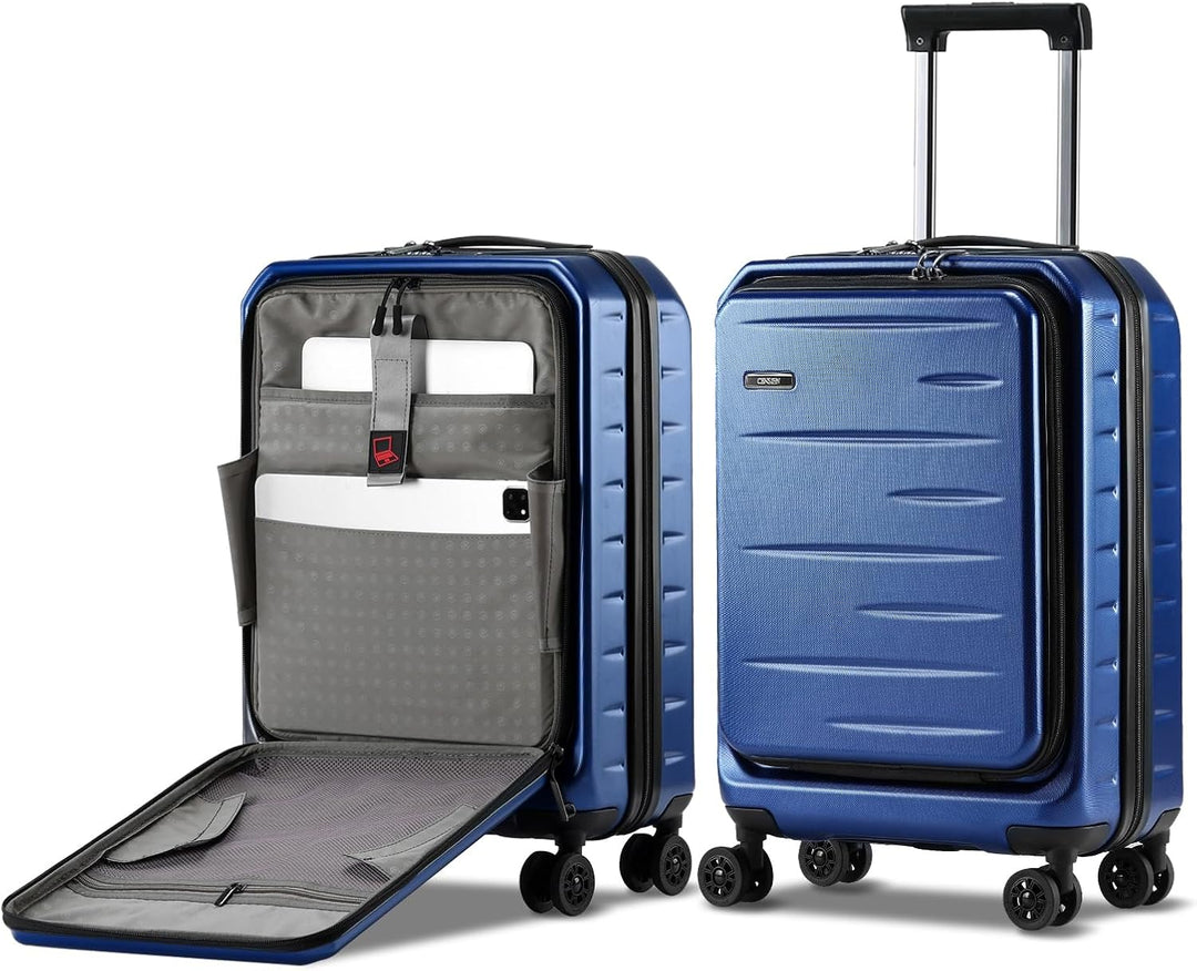 Easy-rolling expandable hard shell carry-on with front pocket, spinner wheels, & TSA lock security.