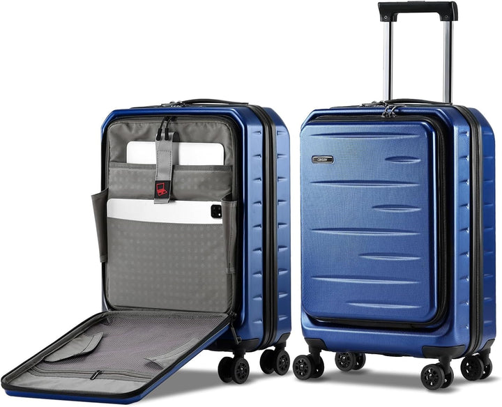 Easy-rolling expandable hard shell carry-on with front pocket, spinner wheels, & TSA lock security.