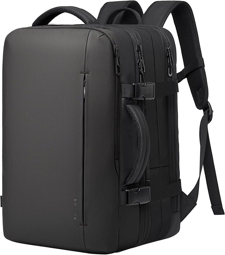 Man wearing black expandable travel backpack (26-45L) in an urban setting.