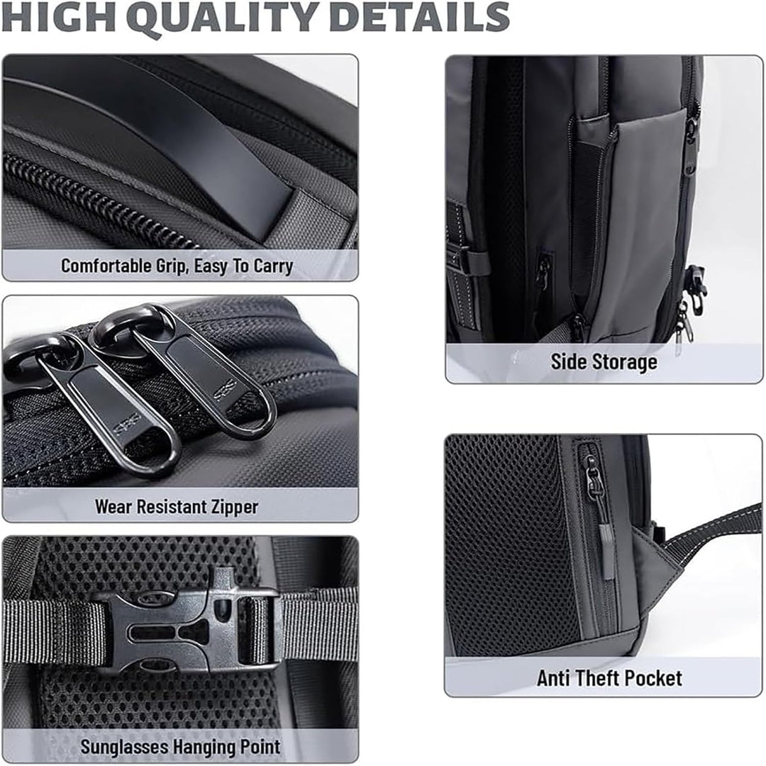Durable oxford cloth travel backpack, carry-on size, anti-theft, wet pocket & expandable design.