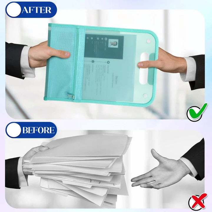 Black waterproof document organizer with 13 pockets, shown expanded, perfect for file management