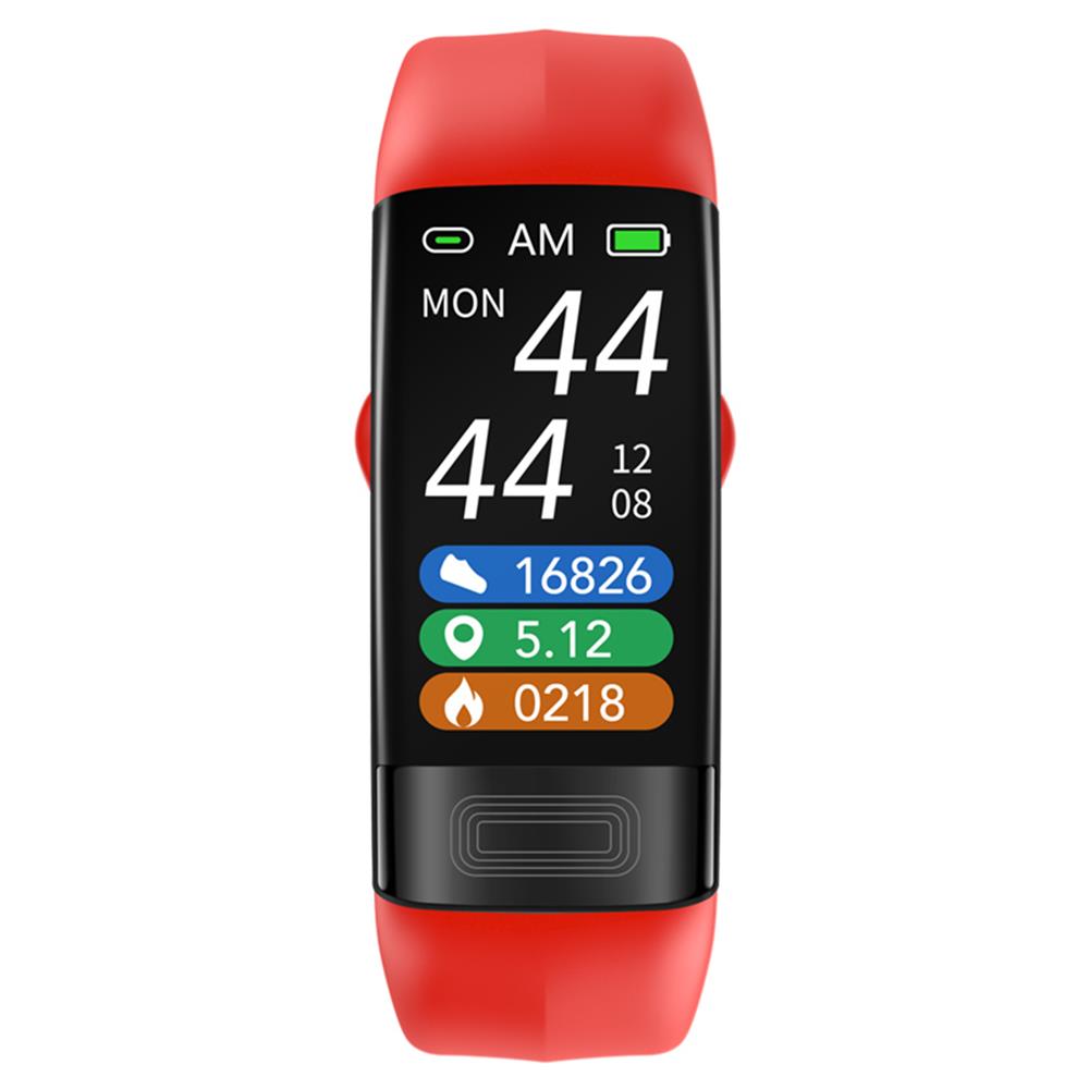 Close-up of FDA approved wrist monitor screen displaying EKG, SpO2, and blood pressure readings. Wellness tracker.