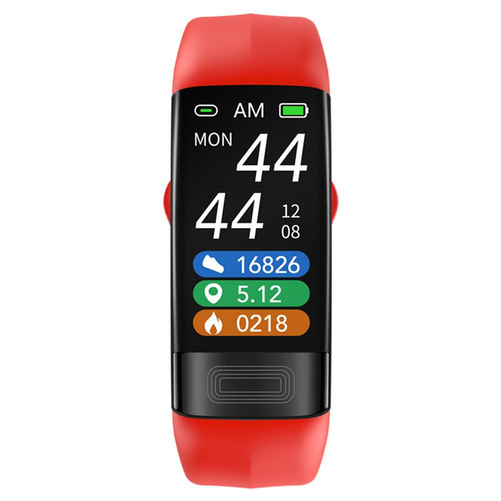 Close-up of FDA approved wrist monitor screen displaying EKG, SpO2, and blood pressure readings. Wellness tracker.
