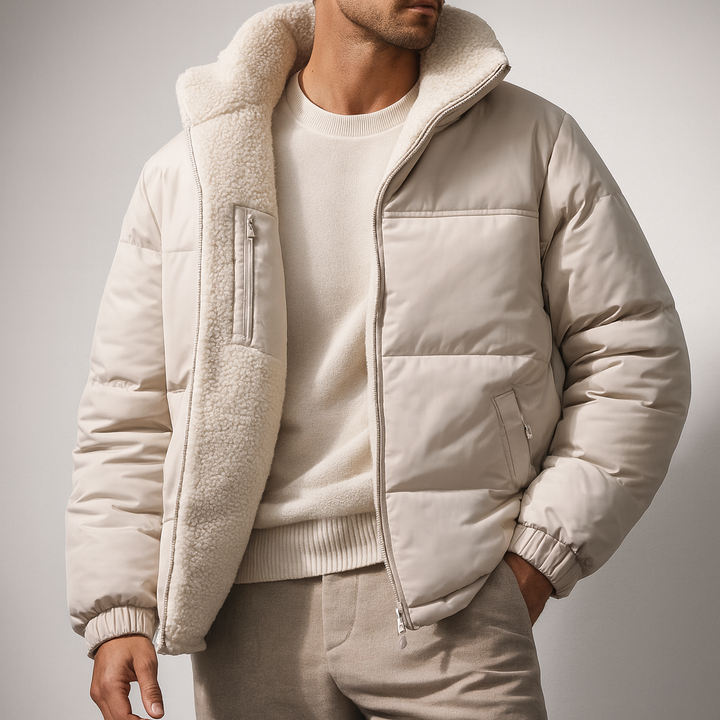 Close-up of the fleece lining inside a unisex black puffer jacket, highlighting the soft, warm texture.