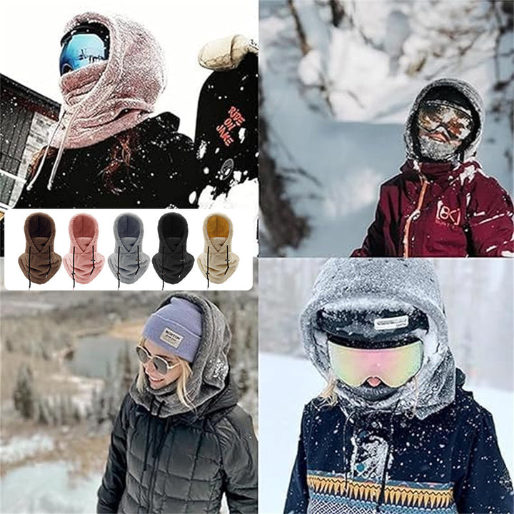 Black unisex fleece thermal balaclava ski mask, adjustable for winter sports headwear
