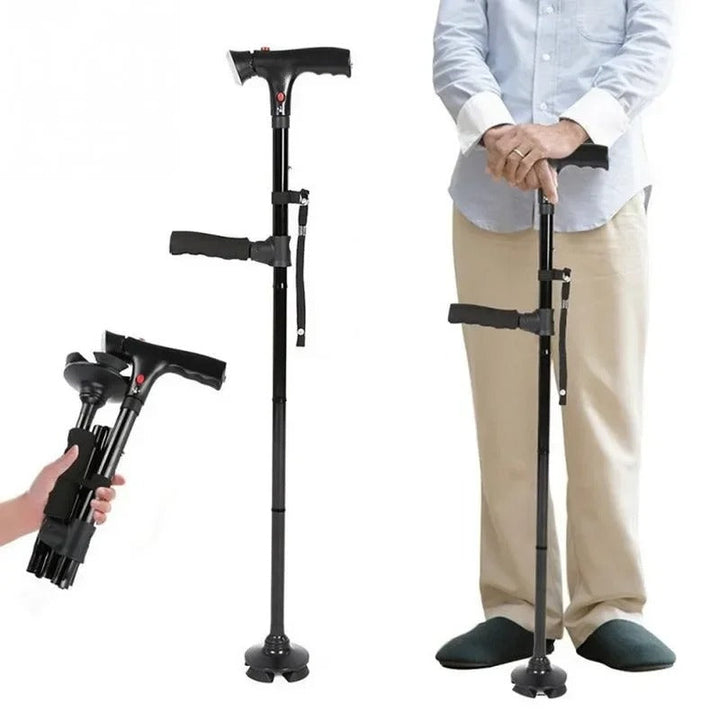 Unisex folding walking cane with dual handles, LED light & emergency alarm for mobility & support.
