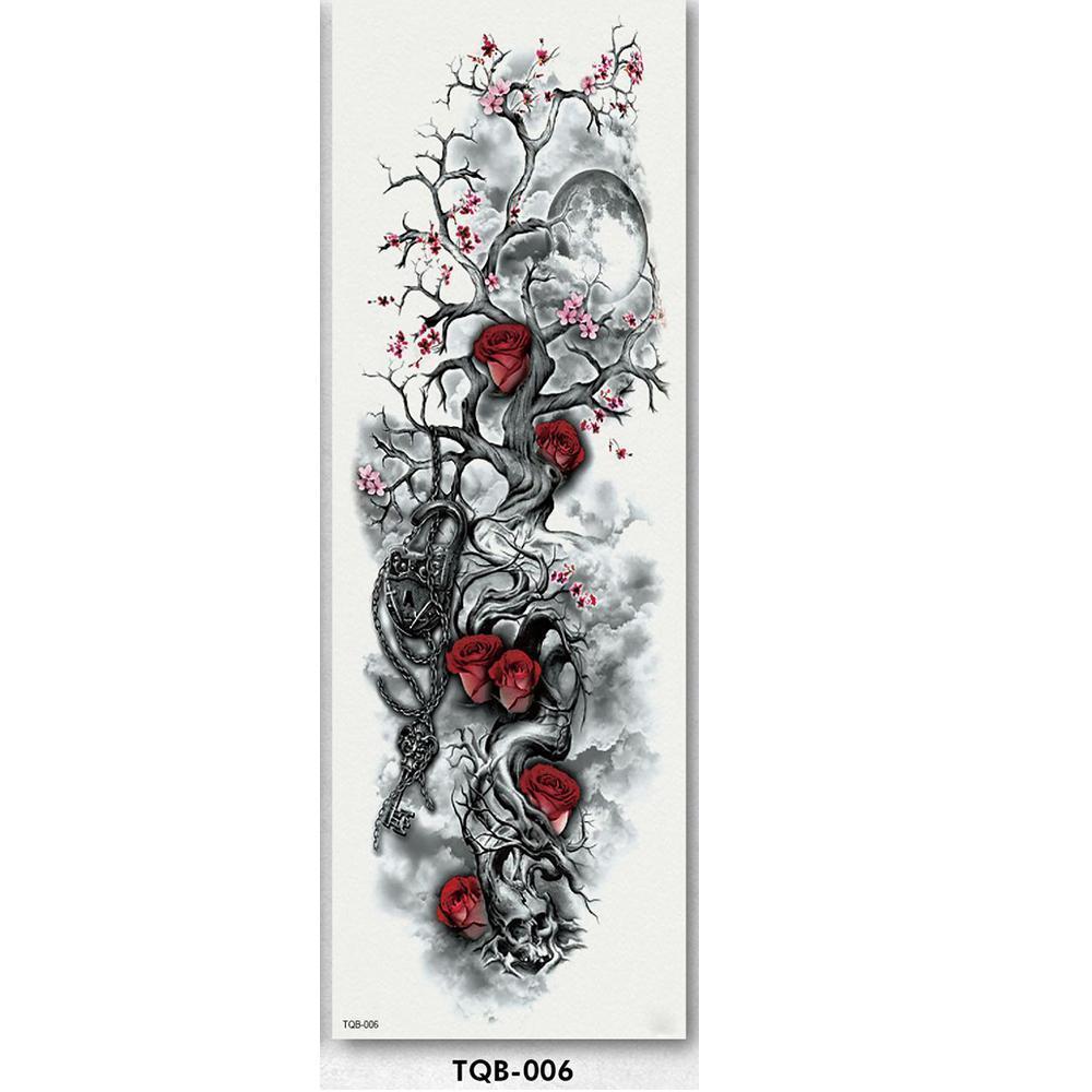 Application process for a unisex full arm temporary tattoo sleeve, showing peel-off backing, easy apply.