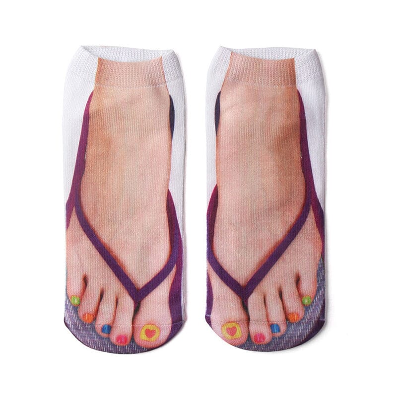 Close up of funny 3D print ankle socks displaying a vibrant flamingo pattern, cheerful novelty socks