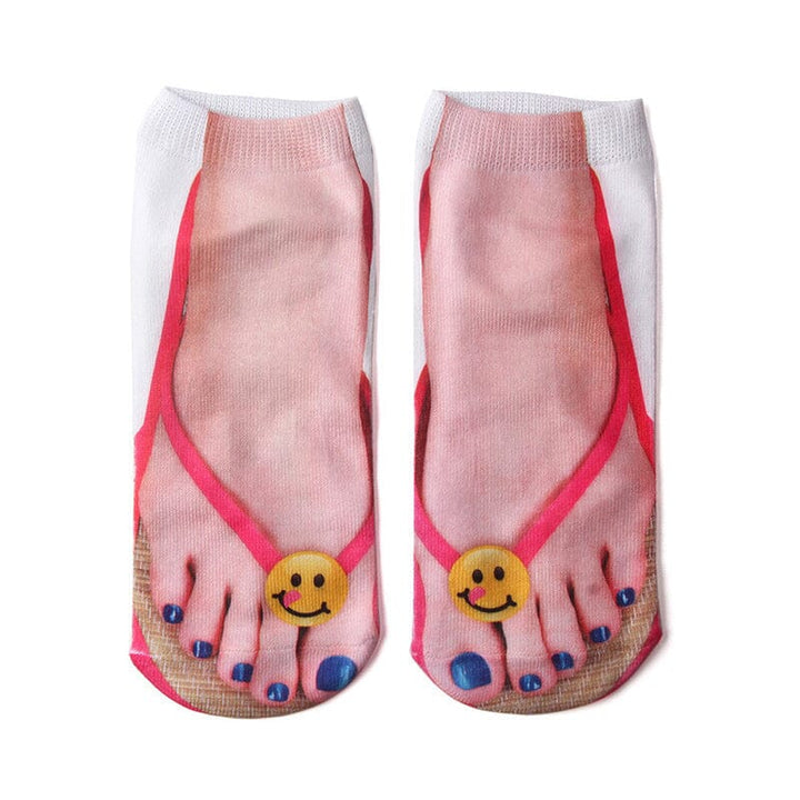 Person wearing funny 3D print ankle socks with a cartoon character, showcasing their playful style