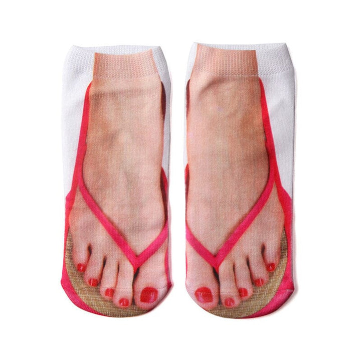 Assortment of funny 3D print ankle socks, rolled up to showcase their unique and colorful designs