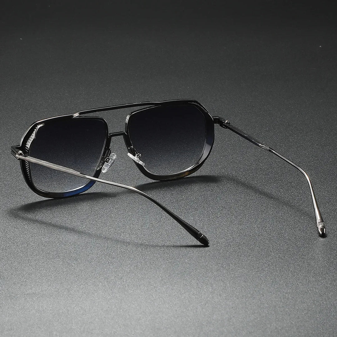 Close-up of geometric sport sunglasses lens, highlighting gradient tint and UV protection
