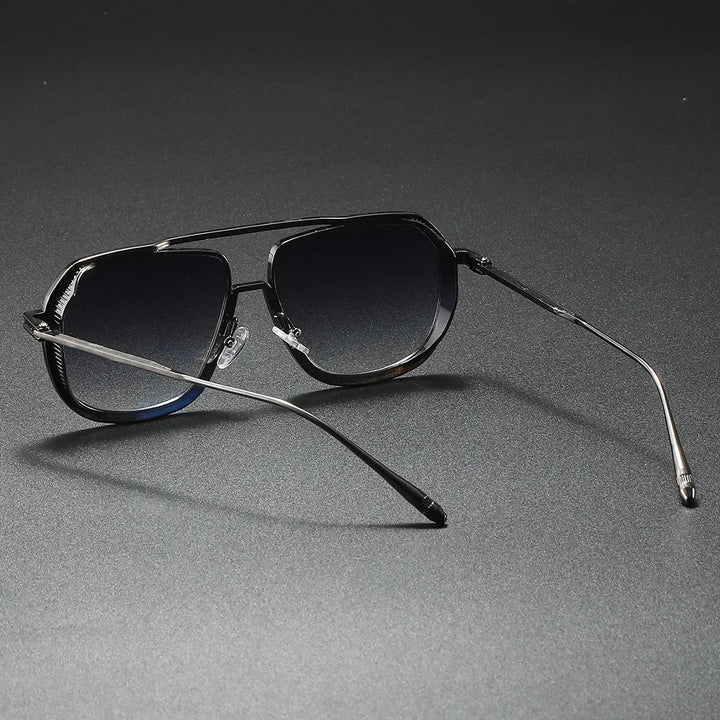 Close-up of geometric sport sunglasses lens, highlighting gradient tint and UV protection