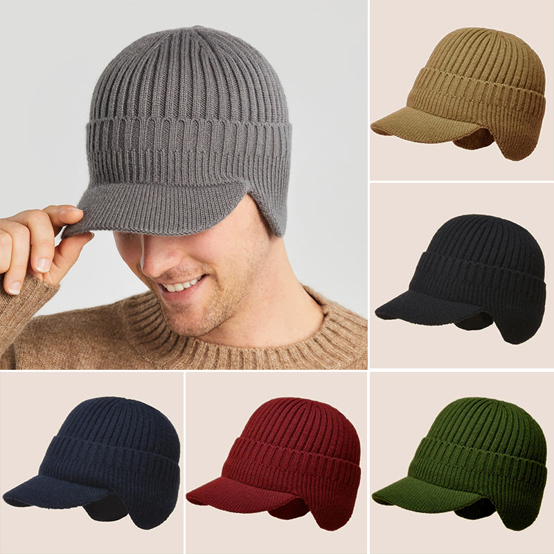 Unisex gray knitted beanie hat with ear flaps for winter warmth and protection.